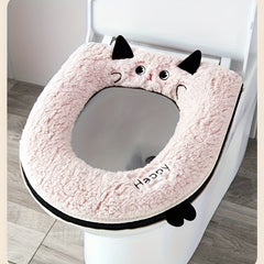 Thickened Soft Plush -Shaped Toilet Cover with Cushioned Ring - Cute Kitten Ears & Smiling Face Design, Towel Fabric & Plastic Frame, All-Season Hygienic Lid