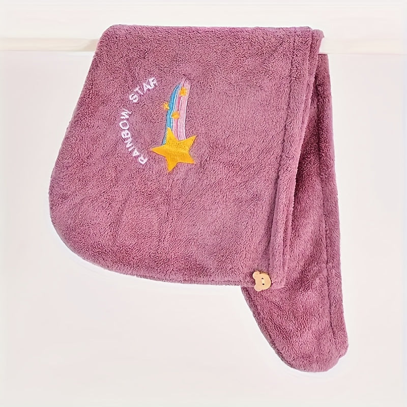 1pc Rainbow Embroidered Hair Towel With Button, Soft Hair Drying Cap, Cute Solid Color Hair Towel For Bathroom, Absorbent Quick Drying Hair Wrap Towel For Women, Bathroom Supplies, Bathroom Accessories